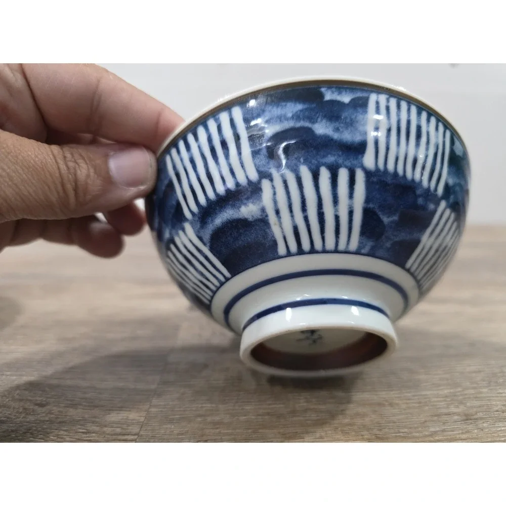 4 Japanese Blue & White Rice Bowls Floral, Mismatched 2